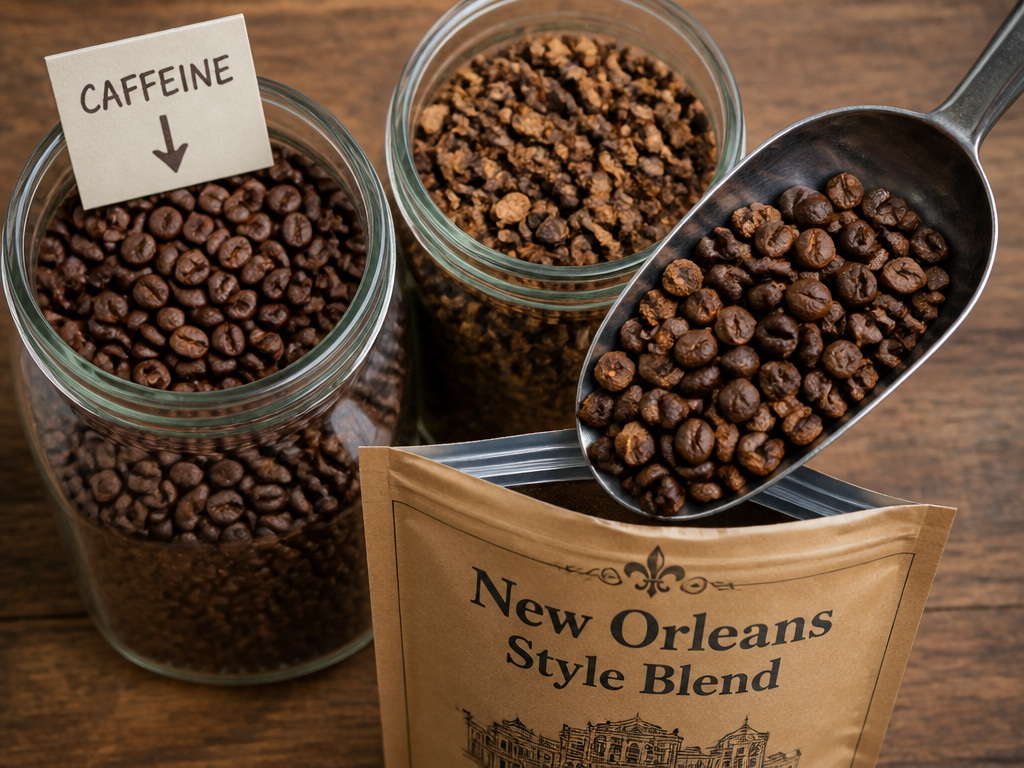 Close-up of coffee beans and chicory root blend showing hidden caffeine source.