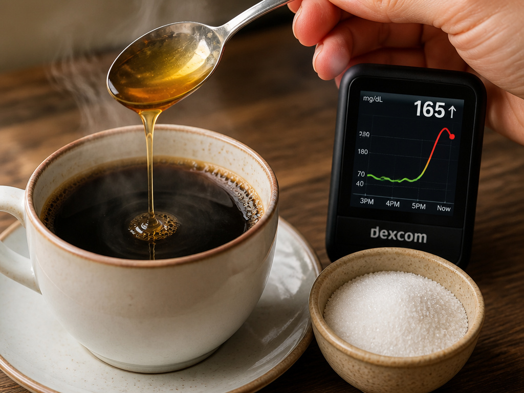 Honey being added to coffee beside a glucose monitor showing a spike.