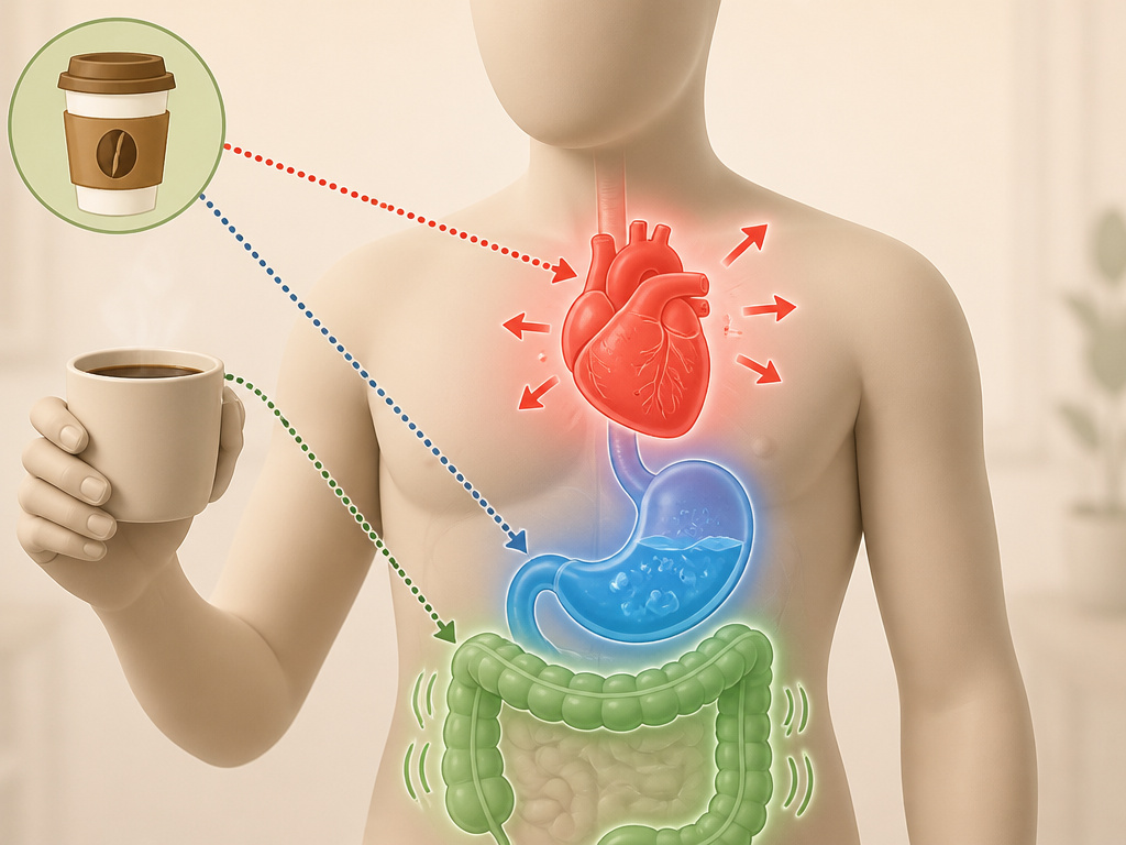 Diagram showing coffee's effects on heart, digestion, and muscles in the human body.