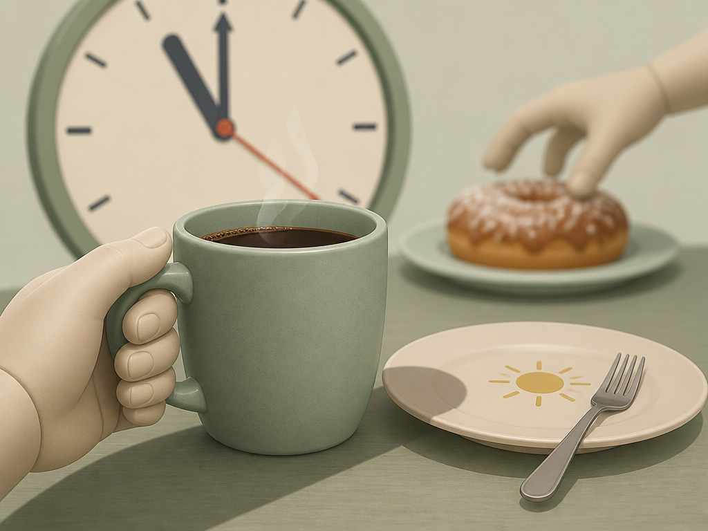 Cartoon of coffee mug shadowing a breakfast plate, with a clock showing late-morning hunger.