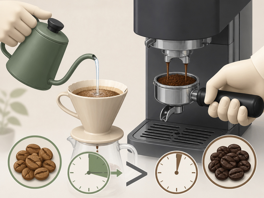 Diagram comparing caffeine in light roast pour-over versus dark roast espresso.
