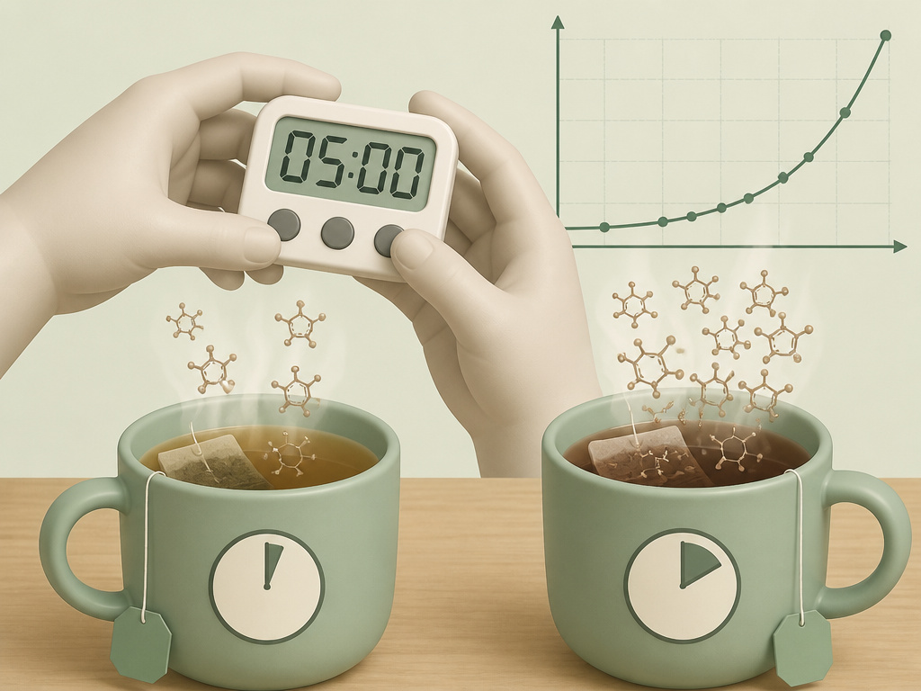Cartoon comparing caffeine extraction in tea at one minute versus five minute steep times