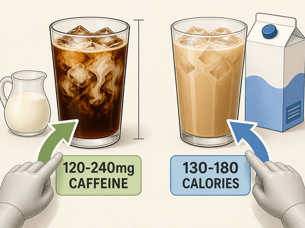 Infographic comparing caffeine in iced coffee versus calories in an iced latte.