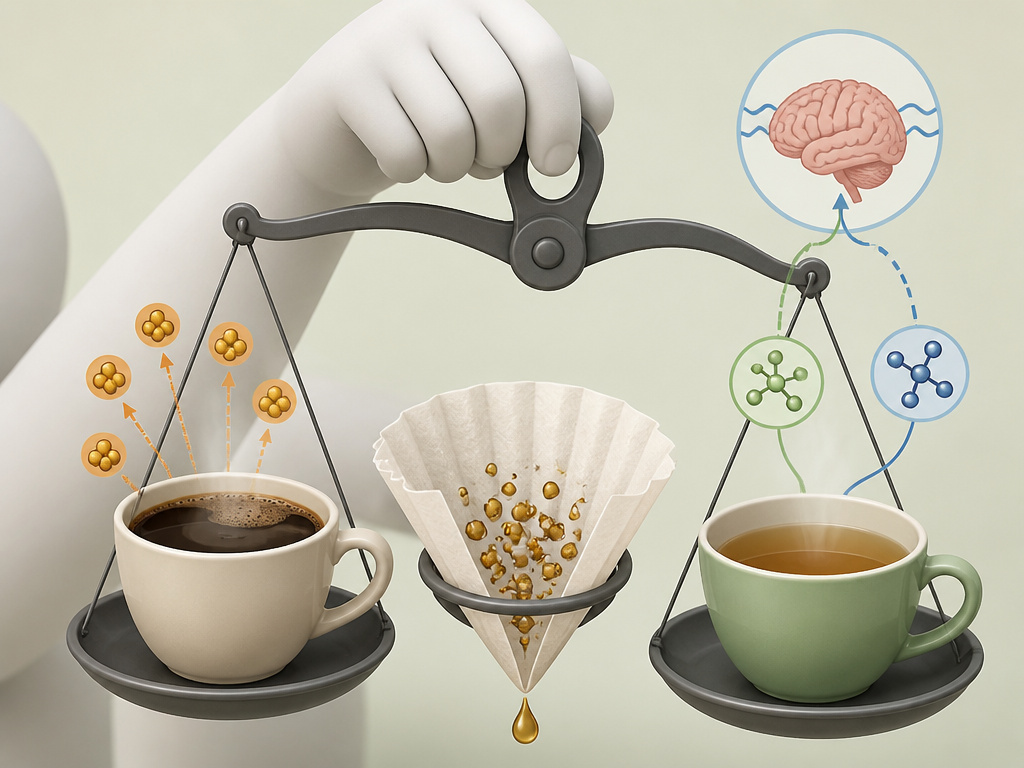 Cartoon scale comparing coffee cholesterol risk and tea's calm caffeine with L-theanine.