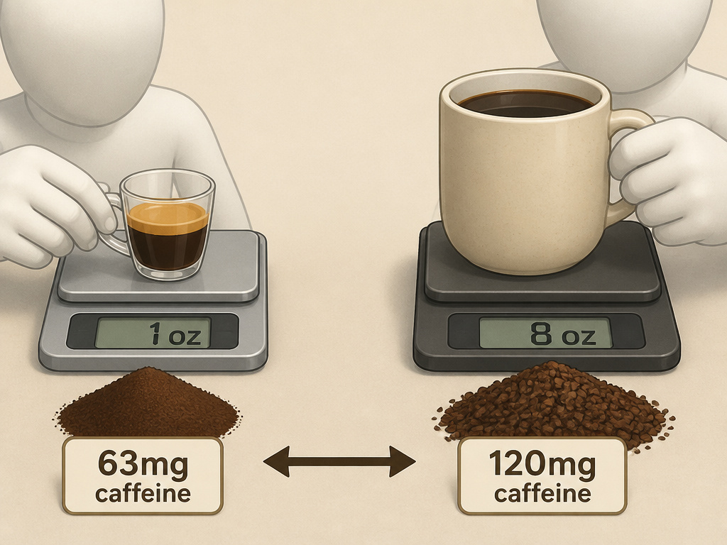 Diagram comparing caffeine in espresso grounds versus drip coffee grounds.