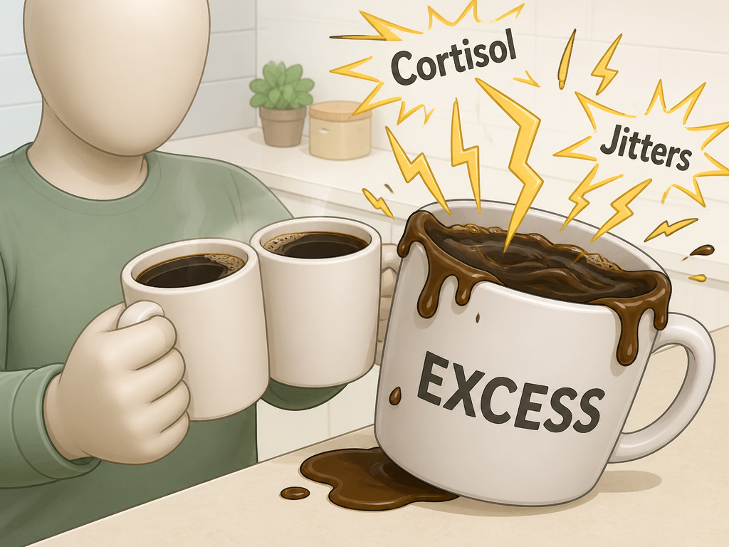 Cartoon of excessive coffee causing cortisol and jitters during a fasting window.
