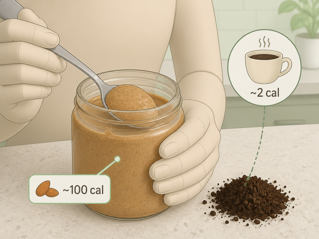 Coffee grounds beside high-calorie almond butter for edible consumption comparison.