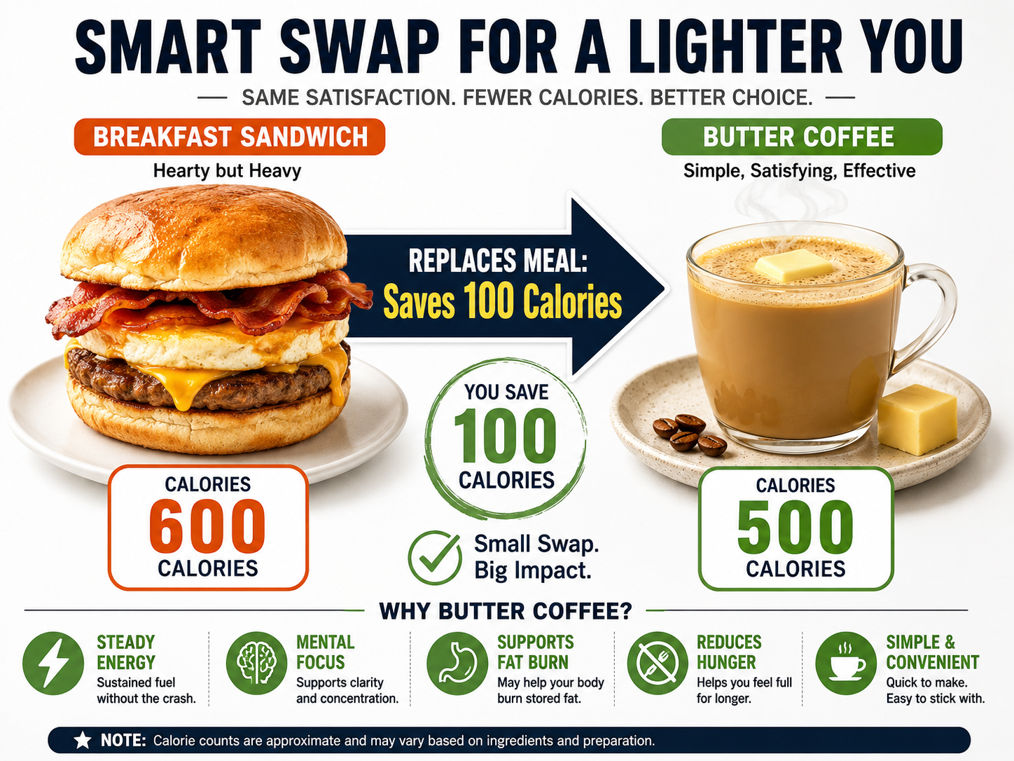 Calorie comparison infographic between butter coffee and a breakfast sandwich