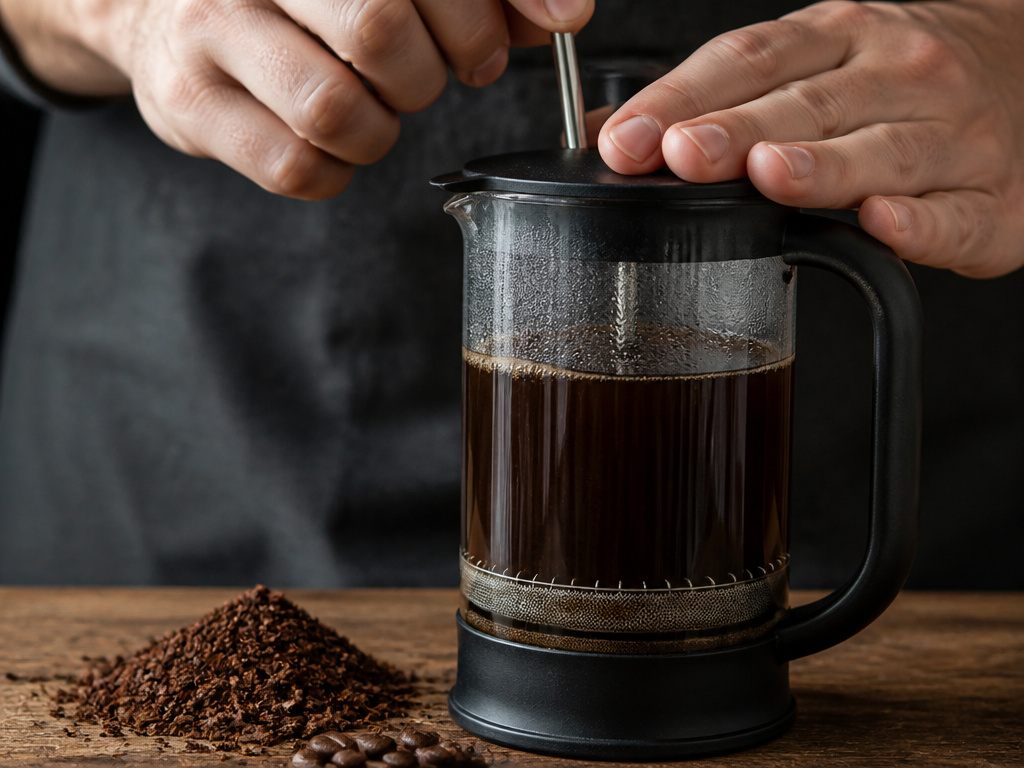 Coarse coffee grounds for French press brewing beside the plunger.