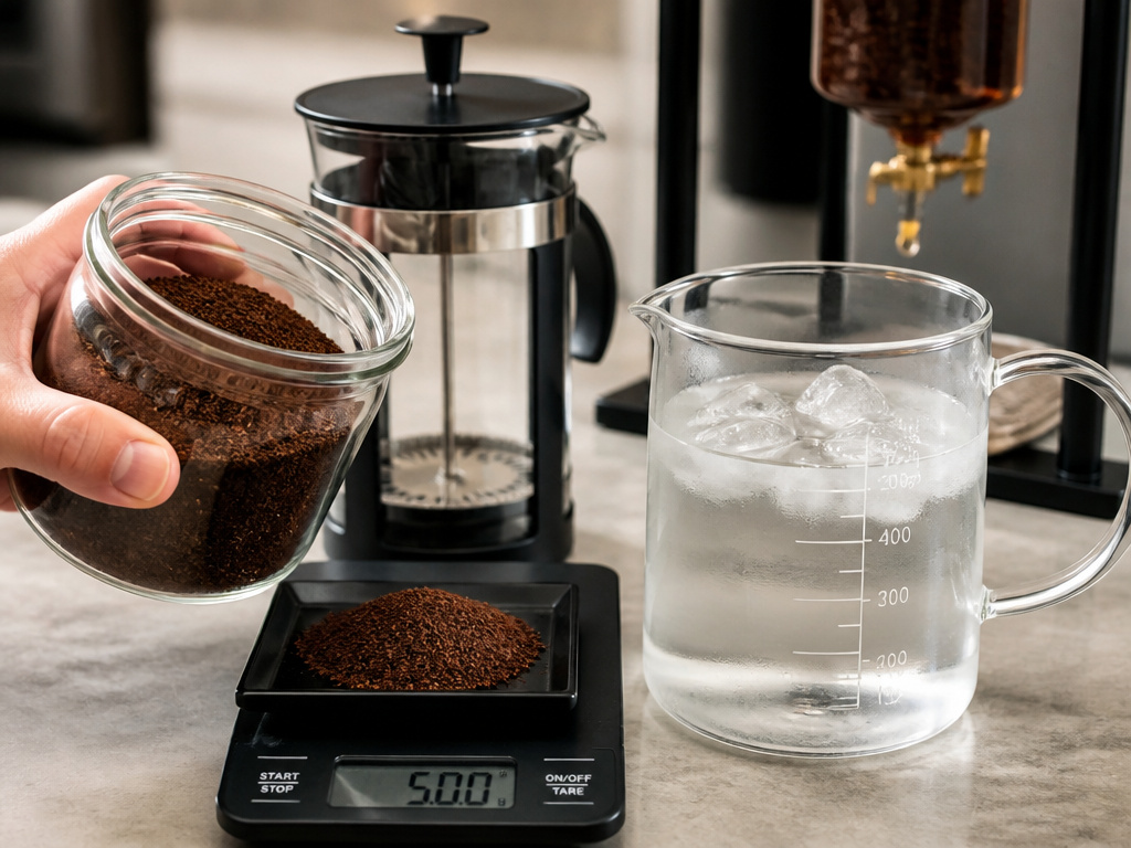 Cold brew coffee variables: grind size, coffee-to-water ratio, and filtered water with ice.