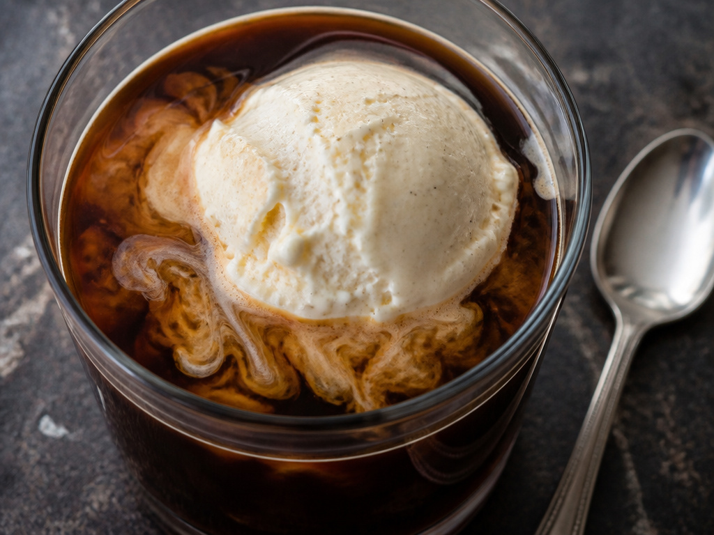 Cold brew coffee concentrate poured over melting vanilla ice cream in a glass.