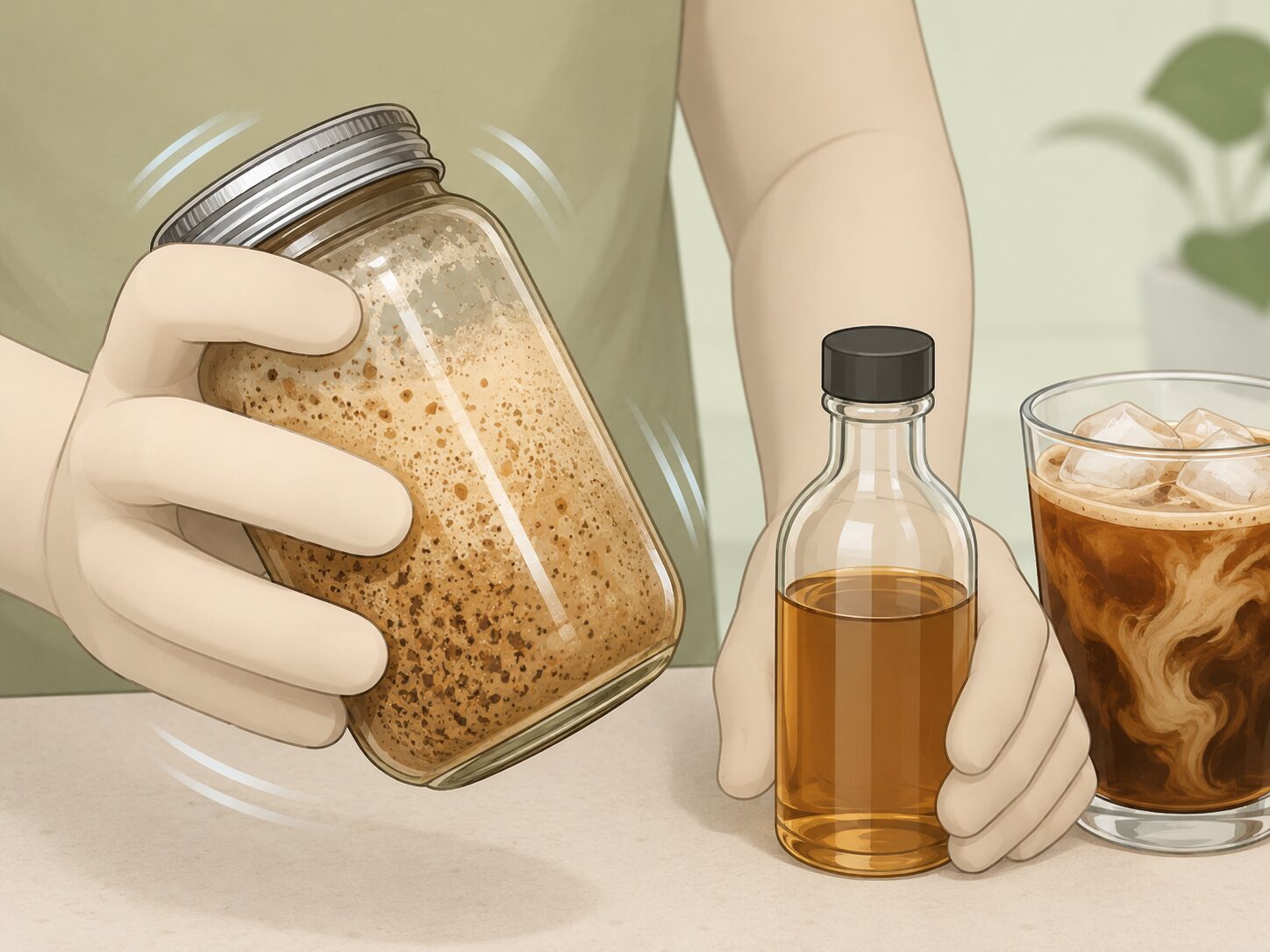 Close-up of shaking jar for sweet cold foam and simple syrup for iced coffee.