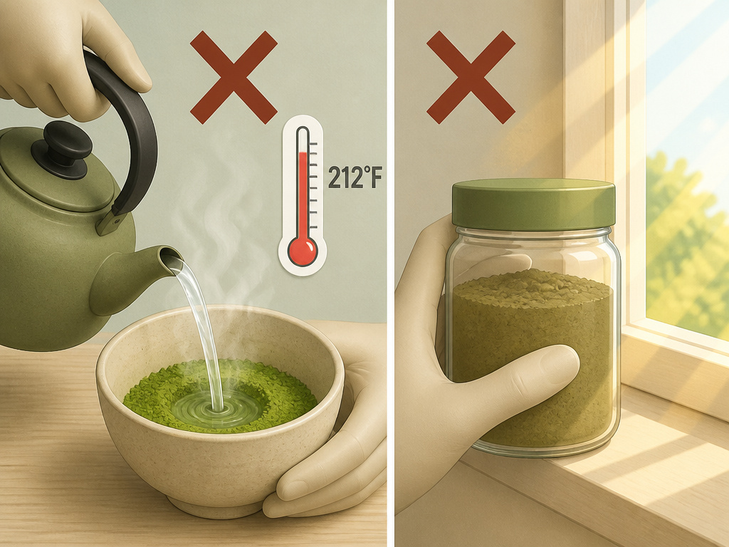 Common matcha mistakes: using boiling water and improper storage in clear jar.