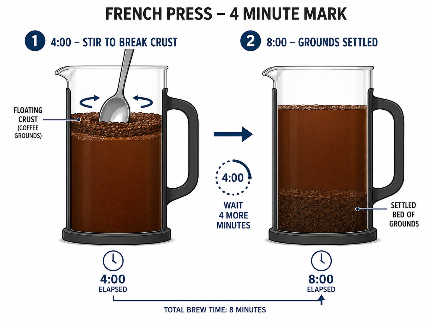 Diagram of stirring coffee crust in a French press at the four-minute brewing mark.