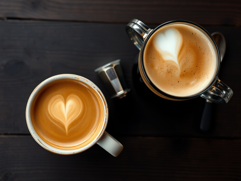 Side-by-side comparison of a flat white and a latte showing size and texture differences.
