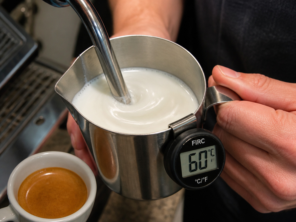 Barista steaming milk to 60 degrees Celsius for a latte or cappuccino.