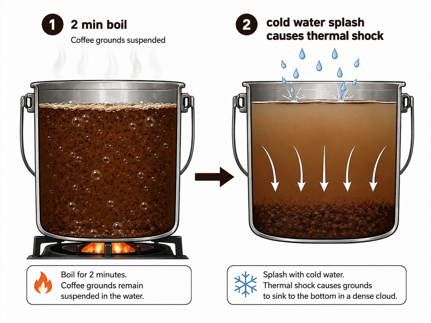 Diagram of cowboy coffee method showing grounds settling after cold water