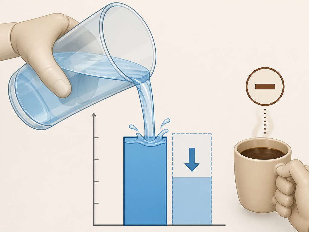 Diagram comparing hangover hydration from water versus dehydrating coffee.