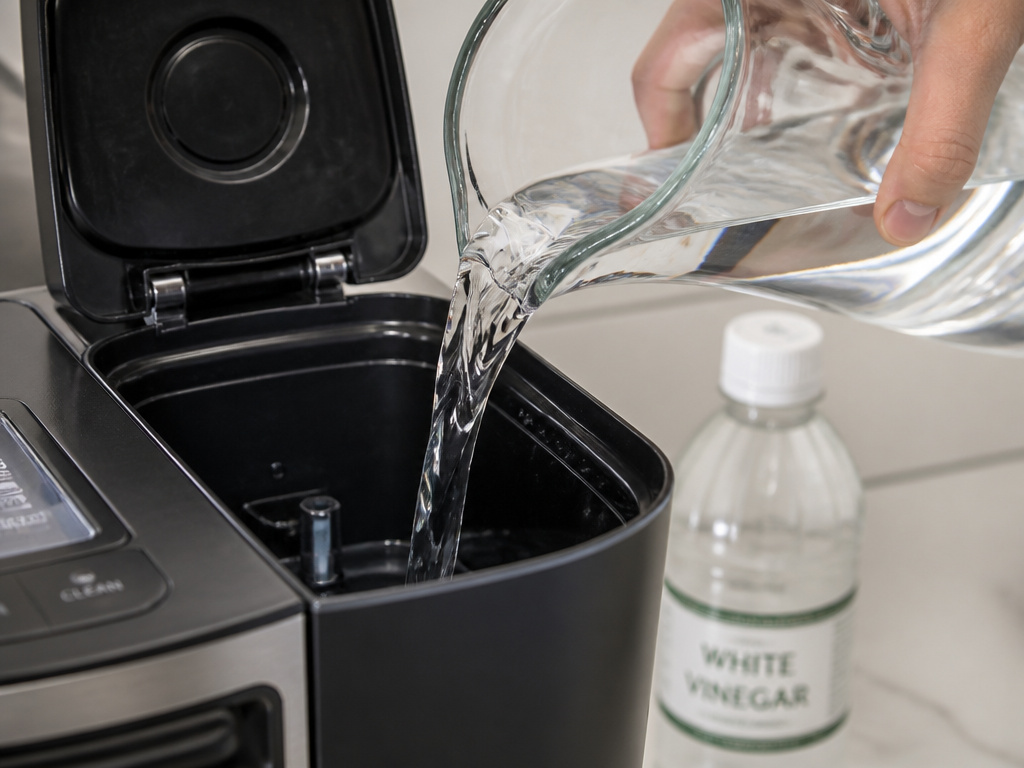 Pouring water into a coffee machine for the final rinse cycle after cleaning with vinegar.