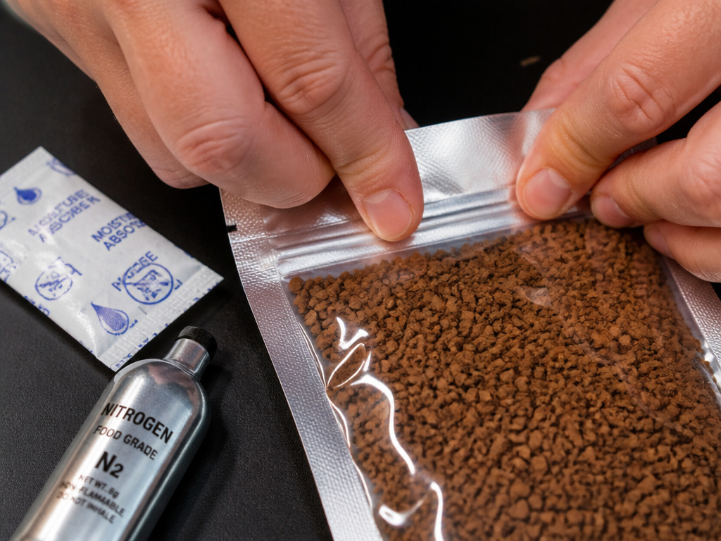 Sealing foil-lined packaging for freeze-dried coffee to block moisture and oxygen.
