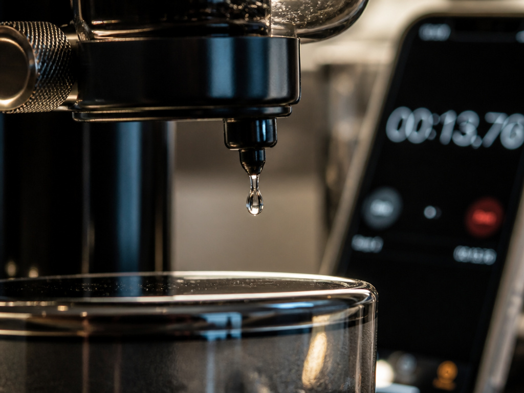 Close-up of calibrating drip rate on a cold brew coffee tower with a timer.
