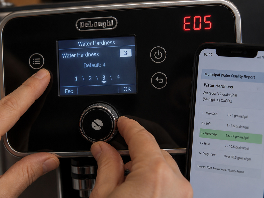Adjusting water hardness setting on a De'Longhi coffee machine to prevent E05 error.