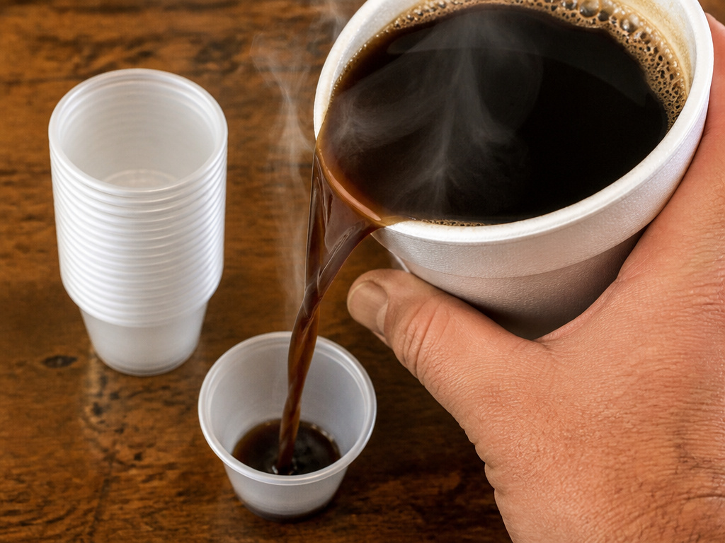 A colada of Cuban coffee being poured into a small plastic cup for sharing.