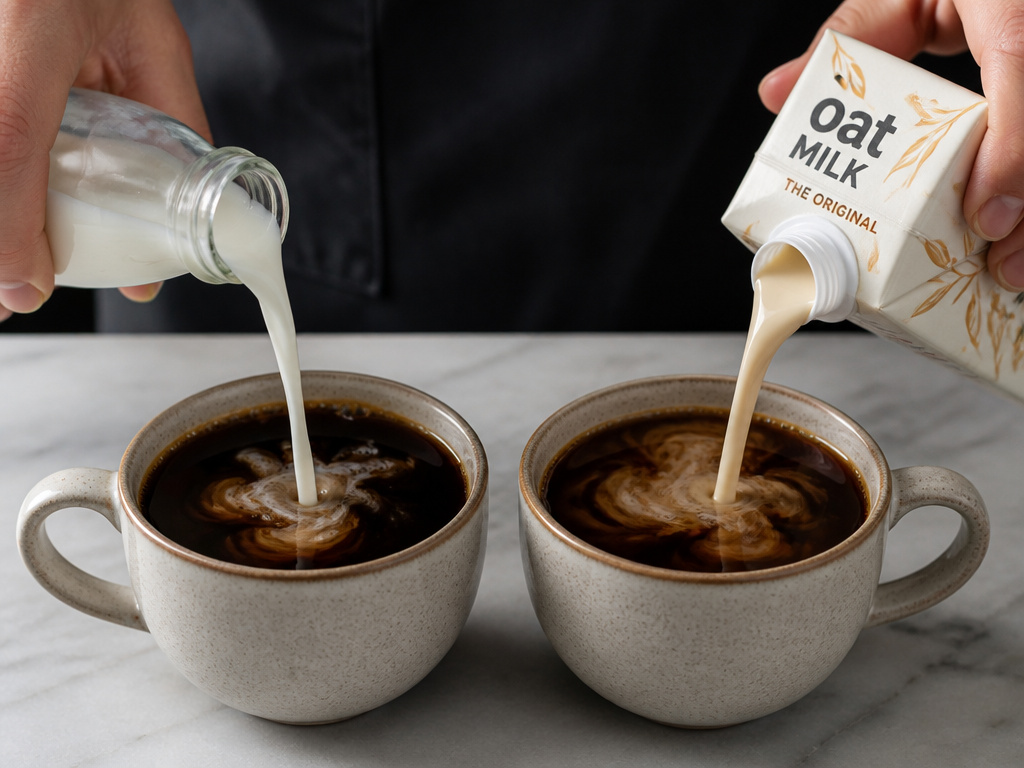 Dairy milk and oat milk being poured into black coffee for comparison.