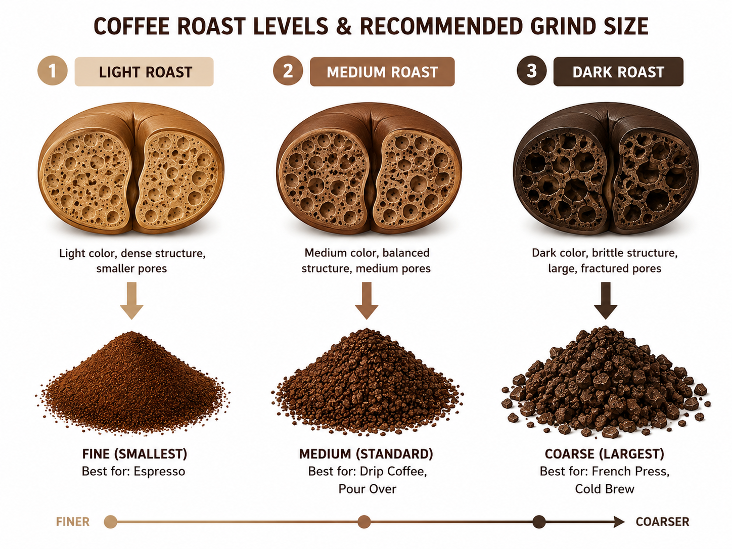 Diagram comparing coffee bean roast density to recommended drip grind size coarseness.