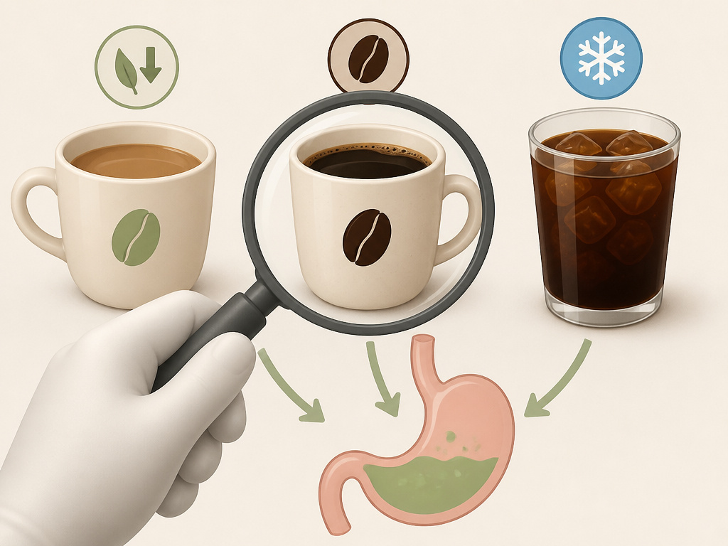 Decaf, dark roast, and cold brew coffee methods to reduce acid reflux.