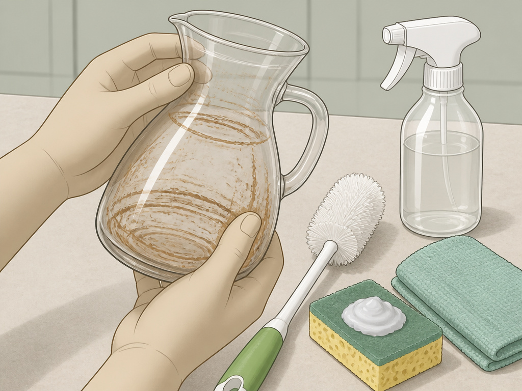 Deep cleaning a drip coffee maker's stained carafe and tools on counter