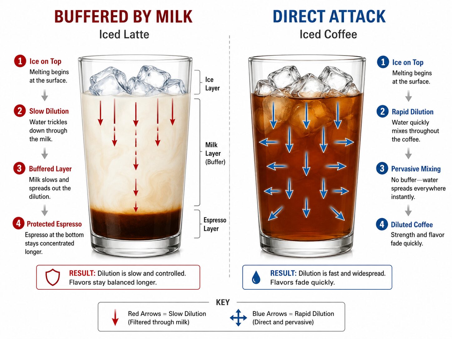 Diagram comparing dilution in iced latte versus iced coffee as ice melts.