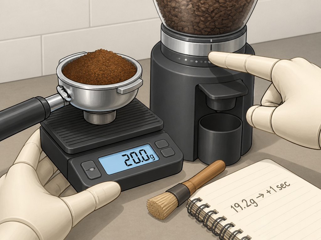 Close-up of weighing ground coffee on a scale to adjust grind time.