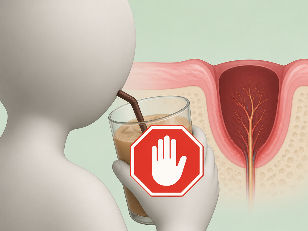 Cartoon warning to stop drinking iced coffee after tooth extraction to prevent dry socket.
