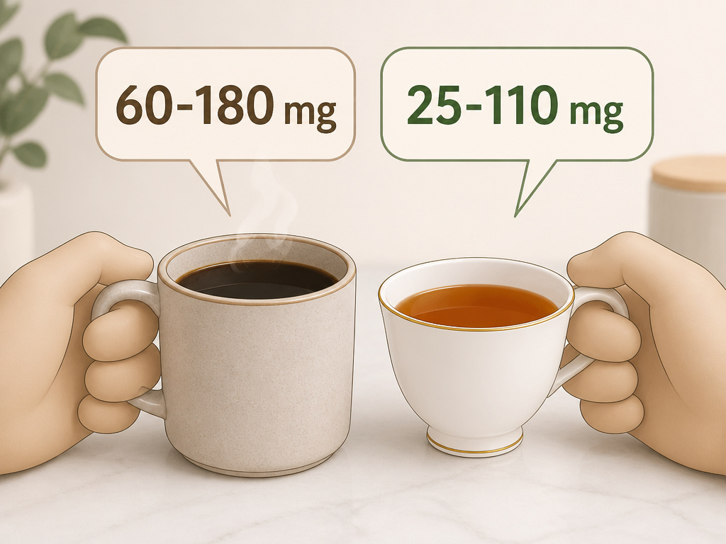 Caffeine comparison chart showing mg ranges for coffee and tea.
