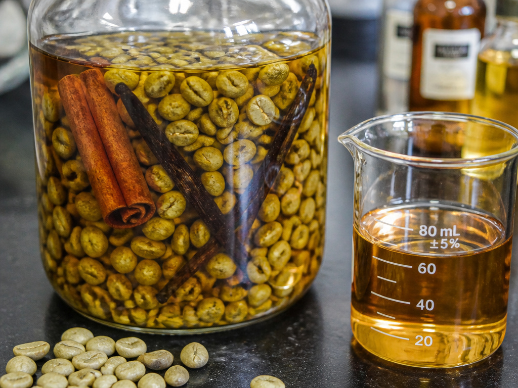 Green coffee beans infused with vanilla and cinnamon in a jar before roasting.