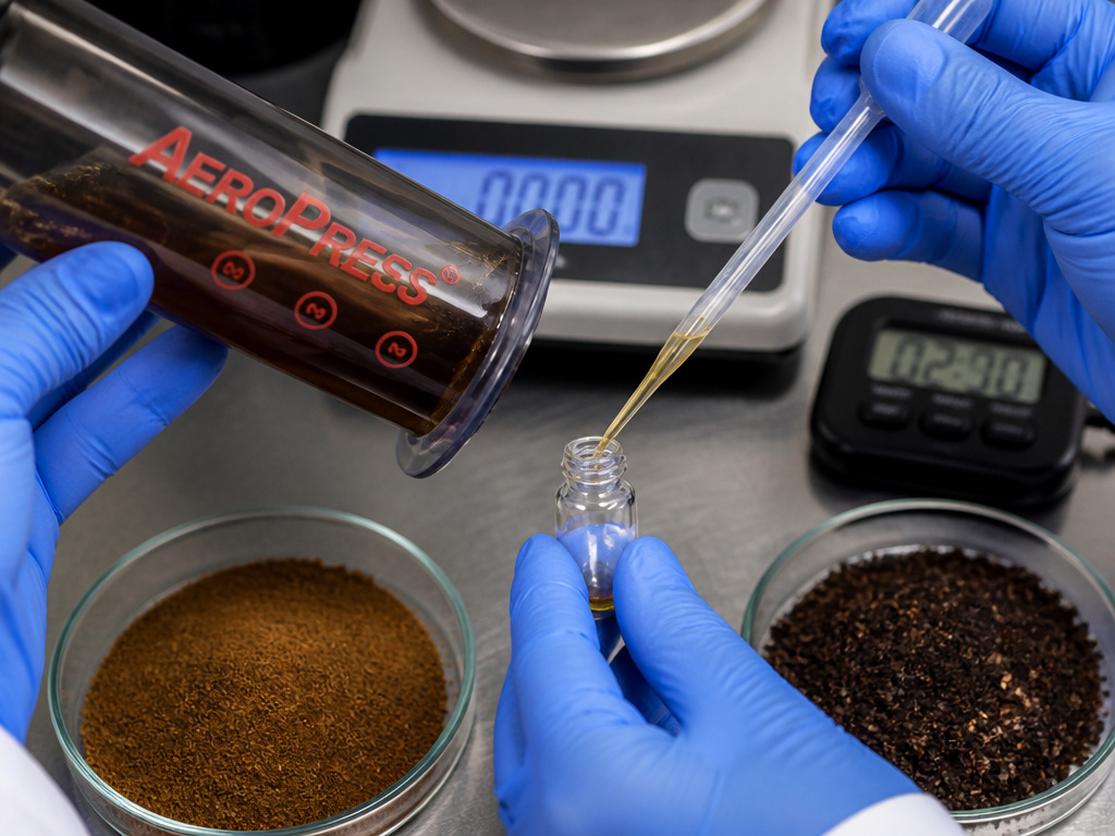 Lab analysis comparing caffeine extraction from light roast vs dark roast coffee grounds.