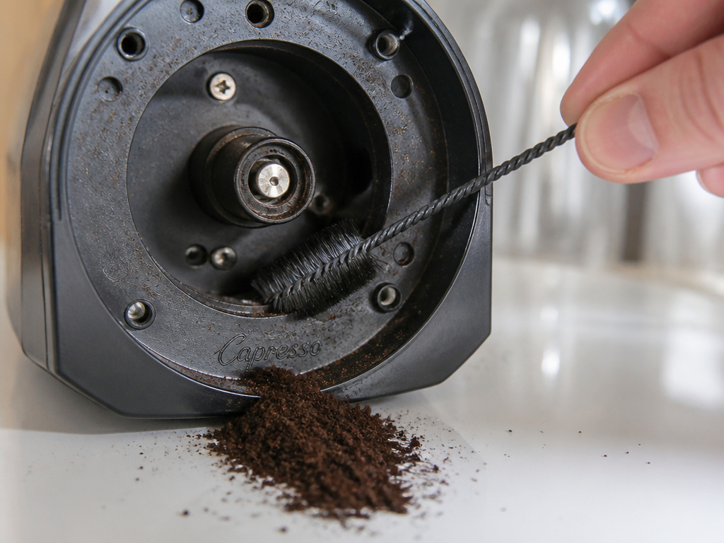 Cleaning a clogged feeder channel in a Capresso coffee grinder with a brush.