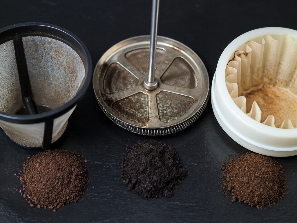 Non-biodegradable reusable coffee filters: nylon mesh, stainless steel, and plastic-ring paper.