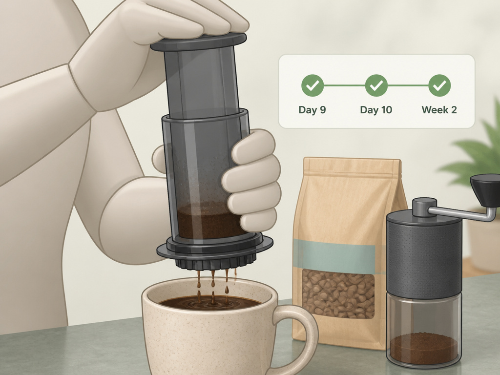 Person cautiously testing coffee after gallbladder removal surgery with an AeroPress.