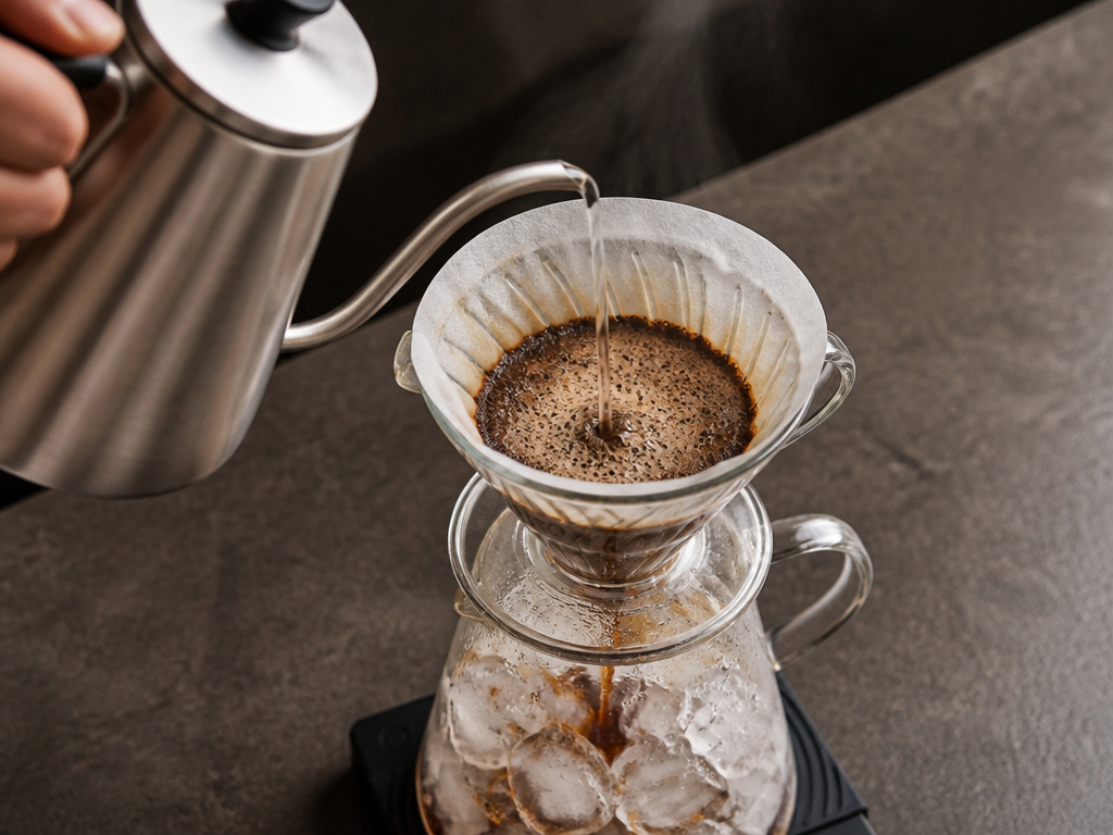 Flash-chill iced coffee method using a pour-over dripper and ice.