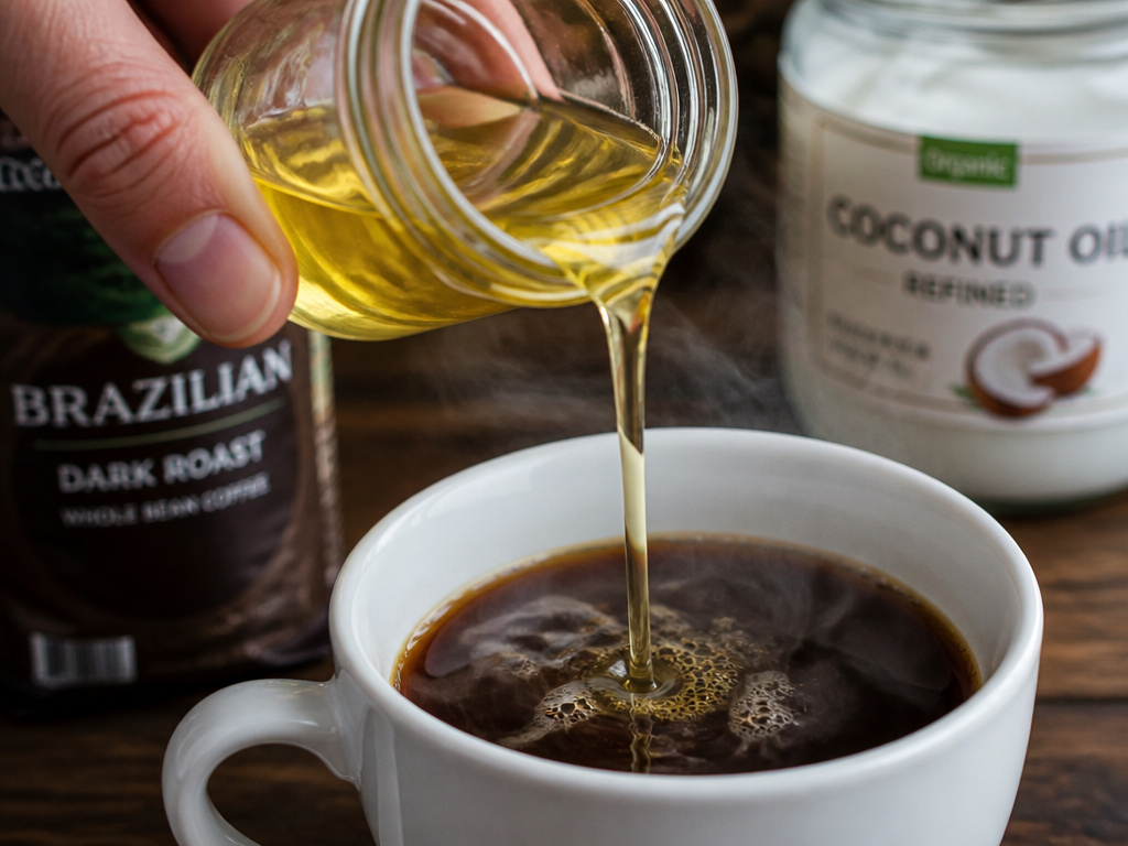 Coconut oil being added to coffee to enhance flavor and compatibility.