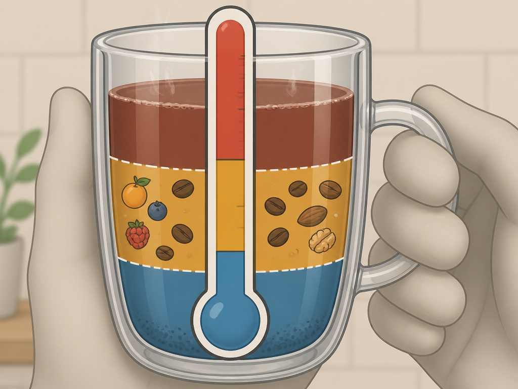 Diagram showing the ideal coffee flavor window temperature zones in a mug.