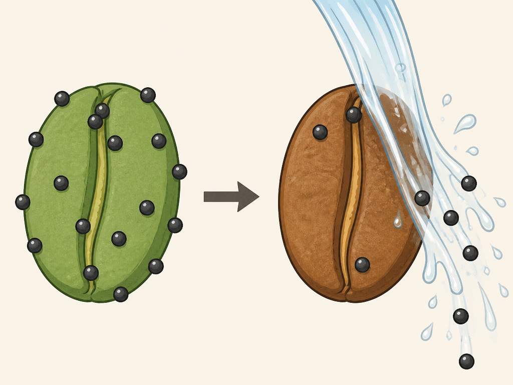 Diagram comparing a caffeinated green coffee bean to one after decaffeination process.