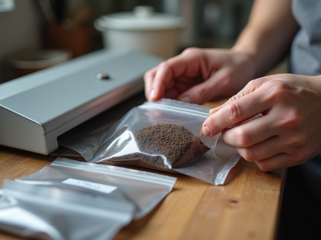 Vacuum-sealing portioned ground coffee into Mylar bags for freezer storage.