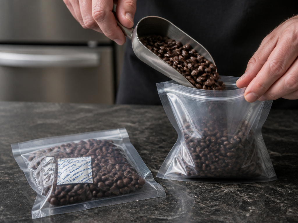 Close-up of portioning coffee beans into vacuum-seal bags for freezer storage.