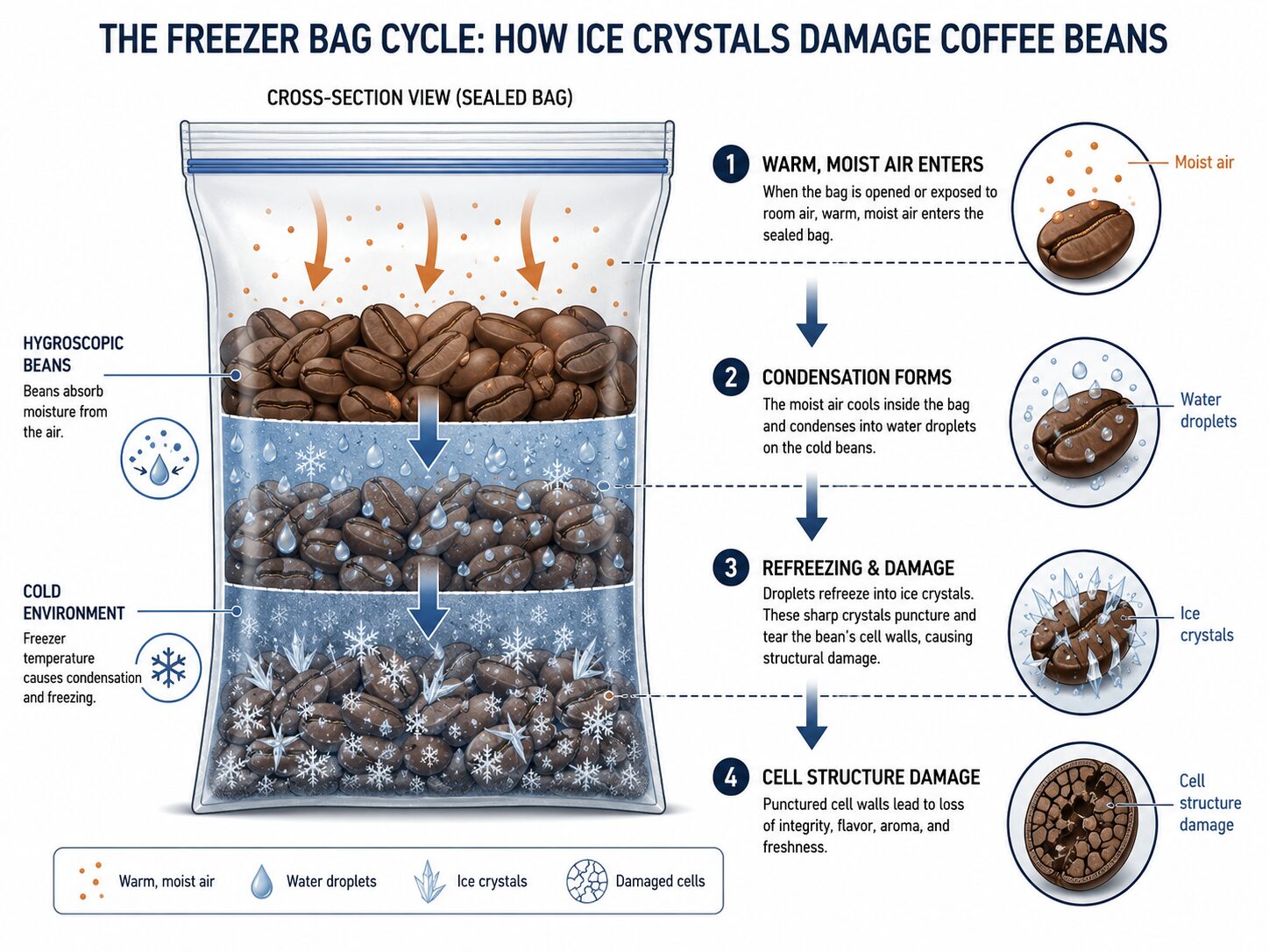 Diagram showing how moisture and refreezing damage coffee bean cell structure.