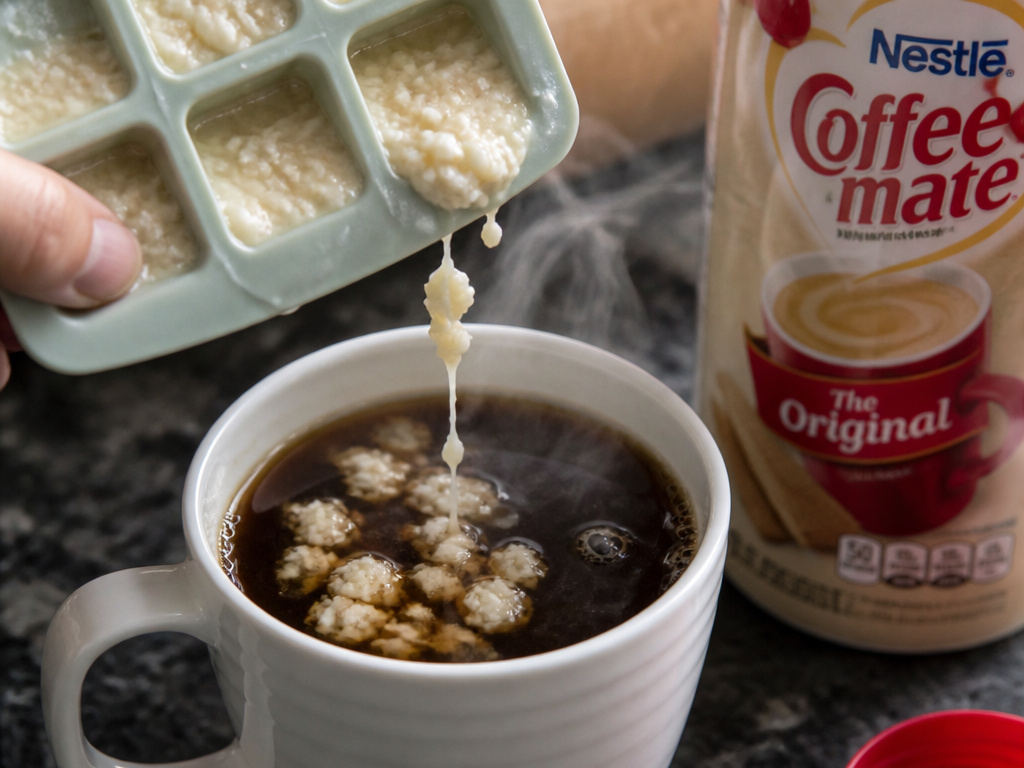 Curdled coffee creamer separating after freezing kitchen hack fails.