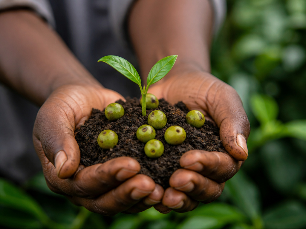 Wild arabica coffee seedling sprouting in Ethiopian forest soil.