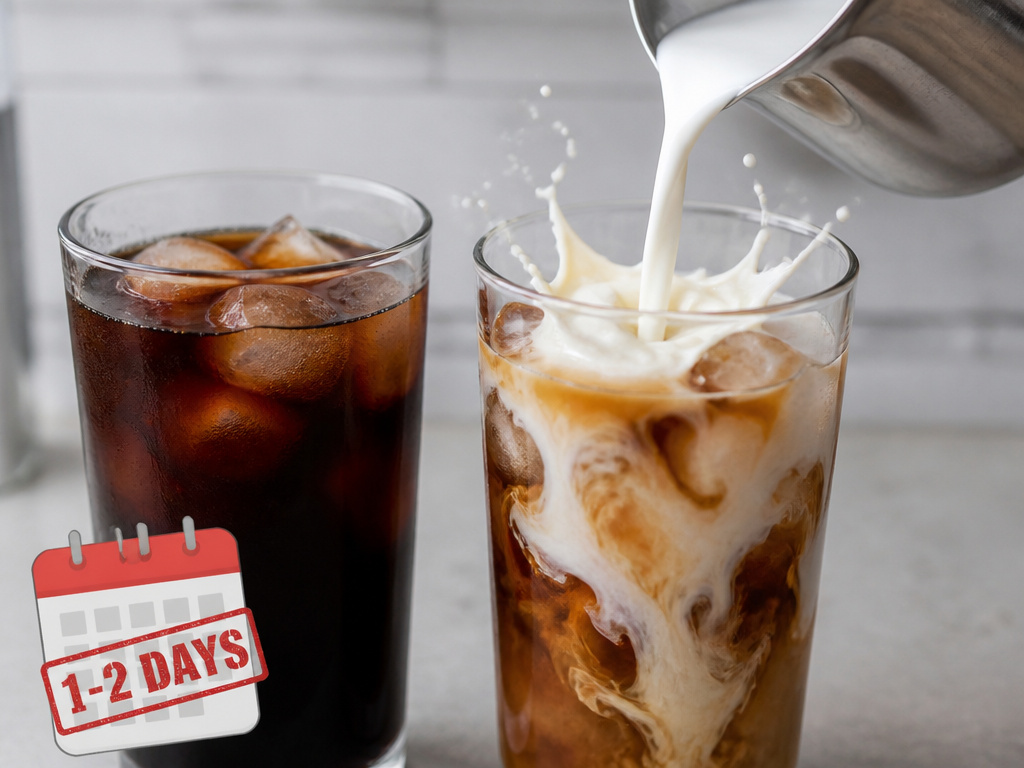 Milk being poured into iced coffee with a 1-2 day shelf life warning.